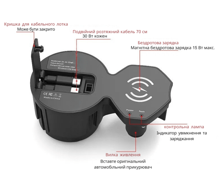 Бездротова автомобільна зарядка для Audi A6 C8 з 2-ма висувними кабелями